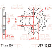 JT Sprockets front sprocket JTF1322.14 for 520 pitch motorcycle chain, showing the black metal sprocket with teeth.