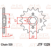 JT Sprockets front sprocket JTF1329.14 with 520 pitch, shown in a close-up view of the durable metal sprocket.