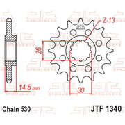 JT Sprockets front sprocket JTF1340.18 for 530 pitch motorcycle chain, durable metal construction, close-up view of sprocket teeth.