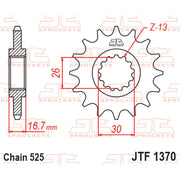 JT Sprockets front sprocket JTF1370.15 with 525 pitch, showcasing the durable steel construction and gear teeth design.