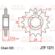 JT Sprockets front sprocket JTF1371.14 with 525 pitch, showcasing the durable steel construction and gear teeth design.