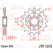 JT Sprockets front sprocket JTF1373.16 for 520 pitch motorcycle chain, showcasing the metal sprocket with teeth and brand logo.