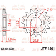JT Sprockets front sprocket JTF1401.16 for motorcycles, 520 pitch, made of durable metal, shown close-up in the image.