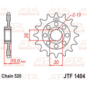 JT Sprockets front sprocket JTF1404.16 for 520 pitch, showing the durable metal sprocket with gear teeth and brand markings.