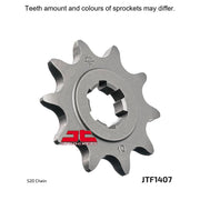 JT Sprockets front sprocket JTF1407.10 for 520 pitch motorcycle chain, durable metal construction, close-up view showing teeth.