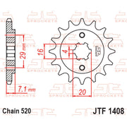 JT Sprockets front sprocket JTF1408.15 for 520 pitch motorcycle chain, showing the sprocket's teeth and brand markings.