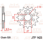 JT Sprockets front sprocket JTF1423.16 for 520 pitch, metal motorcycle sprocket with gear teeth and durable finish.