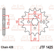 JT Sprockets front sprocket JTF1425.14 for motorcycles, 428 pitch, with visible gear teeth and brand markings on the sprocket.