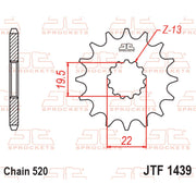 JT Sprockets front sprocket JTF1439.13 for motorcycles, featuring 520 pitch, durable steel construction, and precise gear teeth.