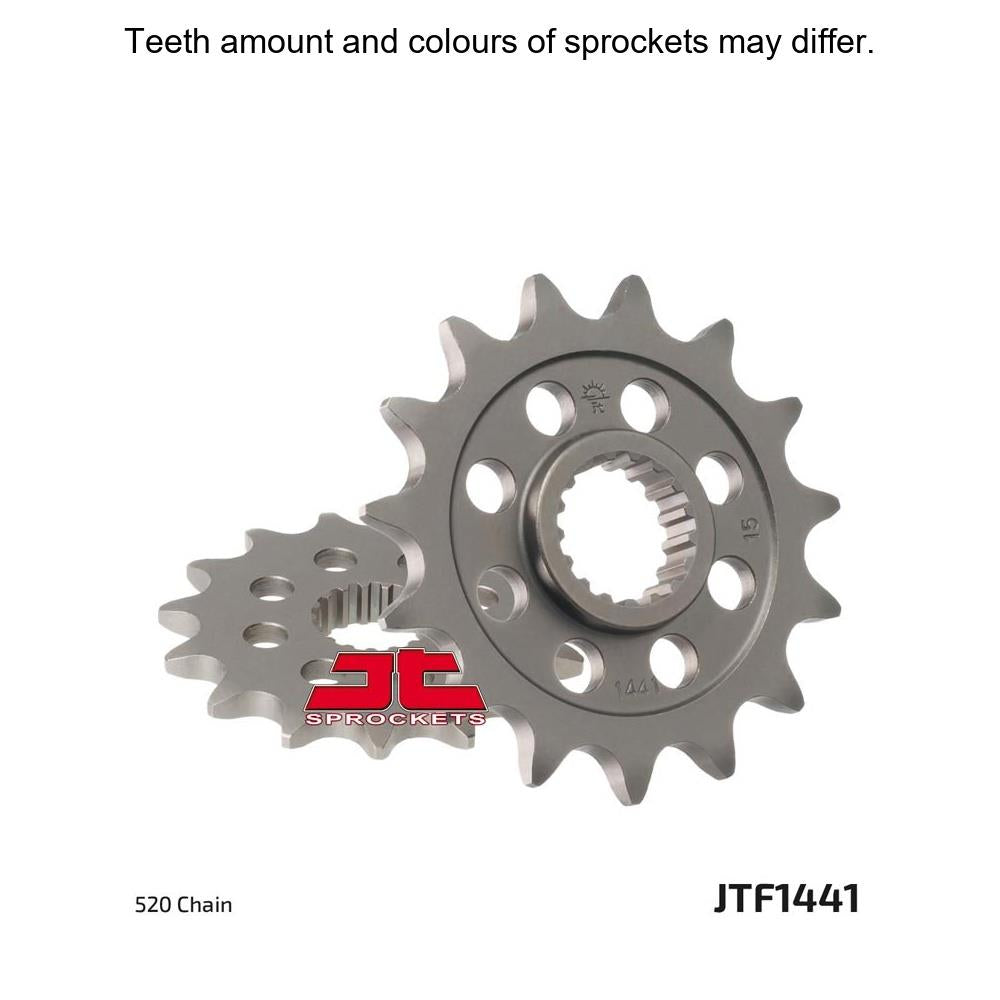 JT Sprockets front sprocket JTF1441.15 for 520 pitch motorcycle drive chain, made of durable metal with gear teeth.