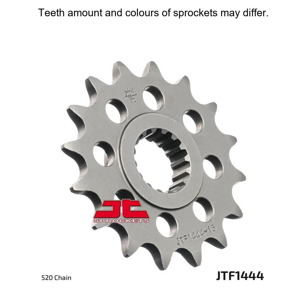 JT Sprockets front sprocket JTF1444.15 for motorcycles, 520 pitch, made of durable metal with gear teeth visible in the image.