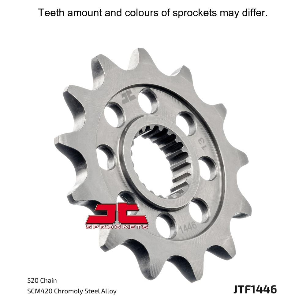 JT Sprockets front sprocket JTF1446.13 for 520 pitch, showcasing the durable metal construction and gear teeth design.