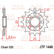 JT Sprockets front sprocket JTF1446.13 for 520 pitch motorcycle chain, showing the metal sprocket with teeth and brand markings.