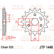 JT Sprockets front sprocket JTF1448.15 with 525 pitch, featuring durable metal construction and gear teeth for motorcycle drive systems.