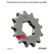 JT Sprockets front sprocket JTF1467.13 with 428 pitch, metal construction, and gear teeth for motorcycle or dirt bike drivetrain.