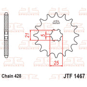 JT Sprockets front sprocket JTF1467.13 for 428 pitch motorcycle drivetrain, with visible teeth and metallic finish