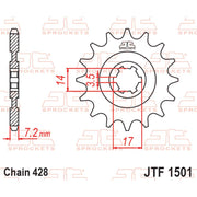 JT Sprockets front sprocket JTF1501.12 with 428 pitch, showcasing the durable metal construction and gear teeth design.