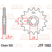 JT Sprockets front sprocket JTF1502.13 for 520 pitch, durable motorcycle sprocket with gear teeth and black finish.