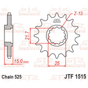 JT Sprockets front sprocket JTF1515.15 for 525 pitch motorcycle chain, durable steel construction with gear teeth detail.