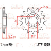 JT Sprockets front sprocket JTF1529.16 with 530 pitch, shown in a close-up view, designed for motorcycle chain drive systems.