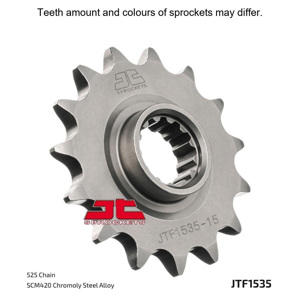 JT Sprockets front sprocket JTF1535.15 for motorcycles with 525 pitch, featuring durable metal construction and precision machining.
