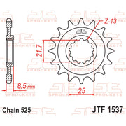 JT Sprockets front sprocket JTF1537.16 with 525 pitch, showing the black metal sprocket for motorcycle or dirt bike drivetrain.