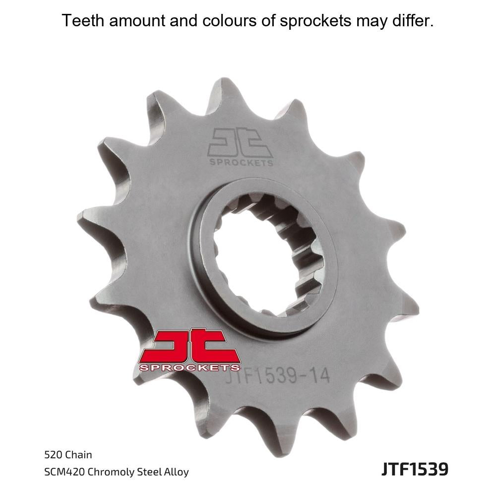JT Sprockets front sprocket JTF1539.14 for 520 pitch motorcycle chain, showing the metal sprocket with teeth and brand markings.