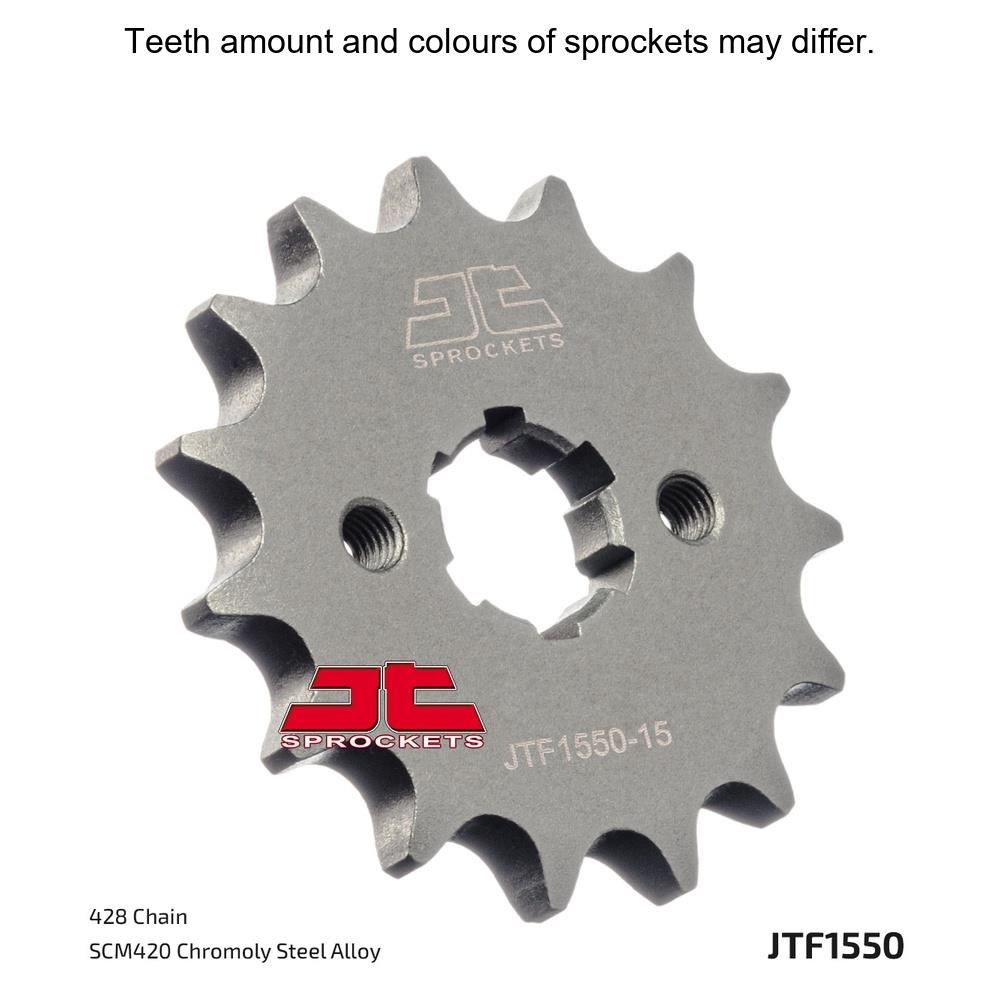 JT Sprockets front sprocket JTF1550.13 for motorcycles, 428 pitch, made of durable metal, with teeth visible in the image.