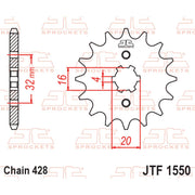 JT Sprockets front sprocket JTF1550.13 with 428 pitch, showing the metal sprocket with gear teeth and branding details.