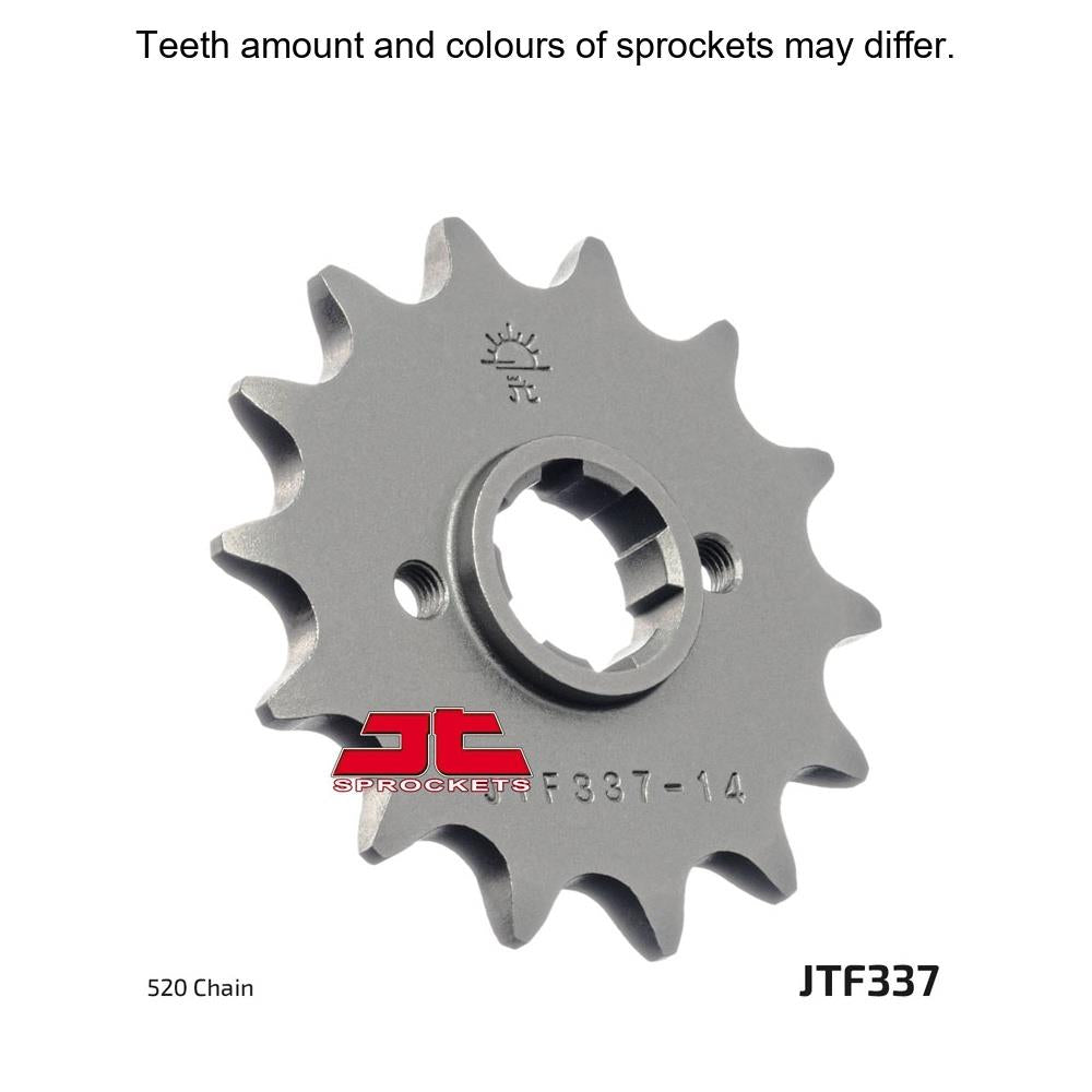 JT Sprockets front sprocket JTF337.14 for 520 pitch, showing a close-up of the black metal sprocket with teeth.