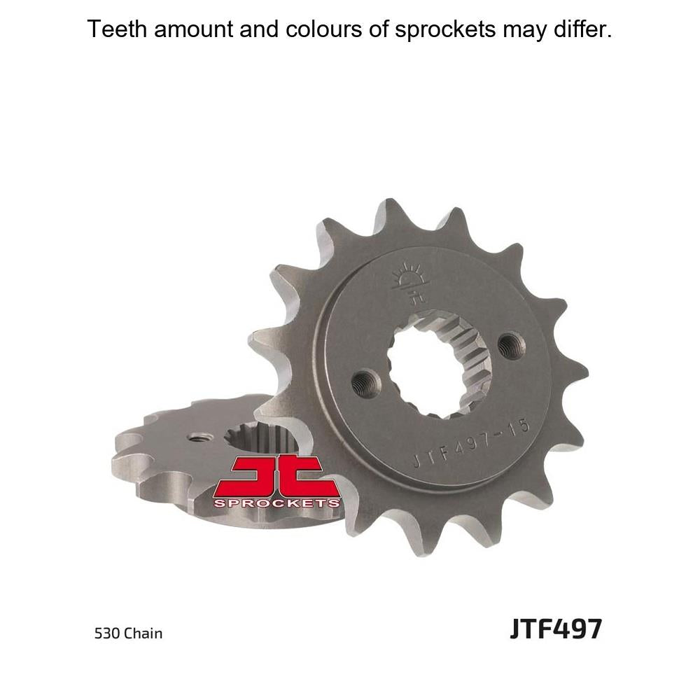 JT Sprockets front sprocket JTF497.15 for 530 pitch, designed for motorcycles, with durable metal construction and precise gear teeth.