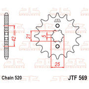 JT Sprockets front sprocket JTF569.14 for 520 pitch, made by JT Sprockets, showing the sprocket with gear teeth and branding.