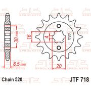 JT Sprockets front sprocket JTF718.12 for 520 pitch motorcycle chain, showing metallic sprocket with teeth and brand markings