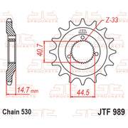 JT Sprockets front sprocket JTF989.21 for 530 pitch, made of durable metal, with multiple gear teeth for motorcycle chain drive.