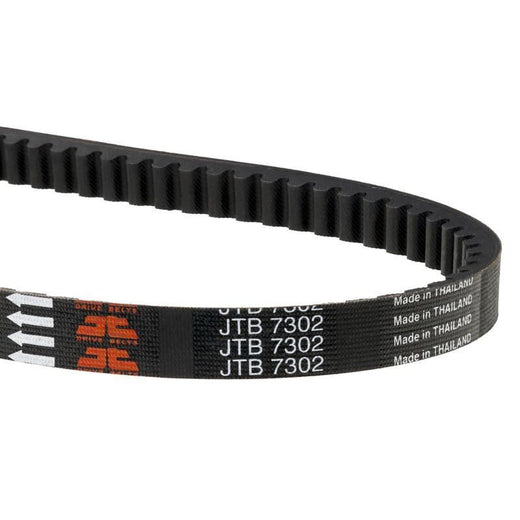 JT Sprockets Premium Drive Belt JTB7302 for motorcycles, showing the black rubber belt with textured surface and metal reinforcement.