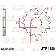 JT Sprockets rubber cushioned front sprocket JTF1180.19RB for 530 pitch motorcycle drive system, shown with teeth and rubber cushion.