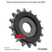 JT Sprockets rubber cushioned front sprocket JTF1186.16RB for 525 pitch, showcasing the durable sprocket with rubber cushioning.