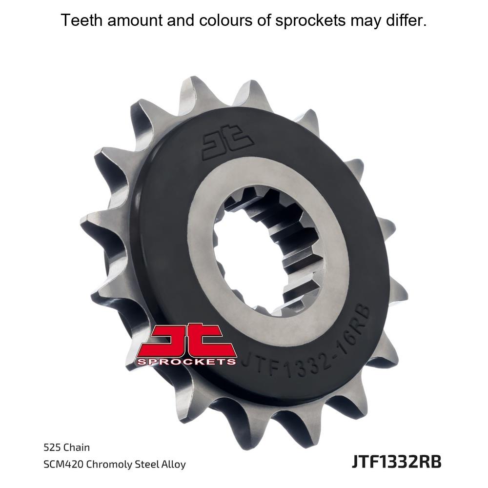 JT Sprockets Rubber Cushioned Front Sprocket JTF1332.15RB for 525 pitch motorcycle chain, durable metal sprocket with cushioning features.