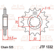 JT Sprockets rubber cushioned front sprocket JTF1332.15RB for 525 pitch motorcycle drivetrain component.