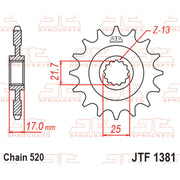 JT Sprockets rubber cushioned front sprocket for 520 pitch, model JTF1381.15RB, with durable metal teeth and rubber cushioning.