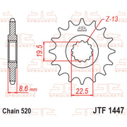 JT Sprockets rubber cushioned front sprocket JTF1447.14RB for 520 pitch, featuring durable teeth and shock-absorbing design.
