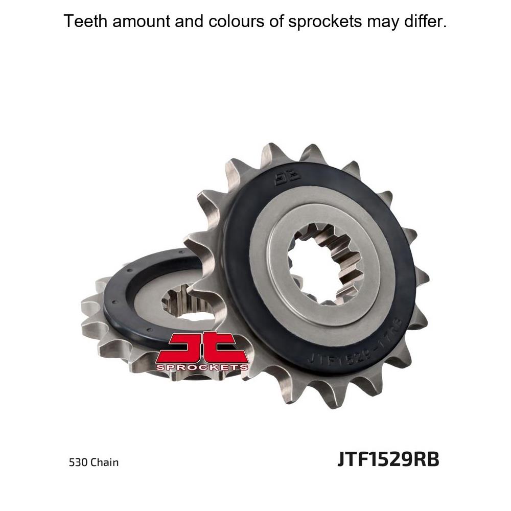 JT Sprockets rubber cushioned front sprocket JTF1529.17RB for 530 pitch motorcycle or dirt bike, showing the sprocket's detailed design.