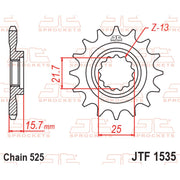 JT Sprockets rubber cushioned front sprocket JTF1535.15RB for 525 pitch motorcycle chain, with visible rubber cushioning and metal teeth.
