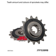 JT Sprockets rubber cushioned front sprocket JTF1538.15RB for 520 pitch, showing the sprocket's teeth and rubber cushioning.