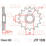 JT Sprockets rubber cushioned front sprocket JTF1539.14RB for 520 pitch, showcasing the durable black sprocket with rubber cushioning.