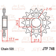 JT Sprockets rubber cushioned front sprocket for motorcycles, JTF748.15RB, 520 pitch, shown with detailed teeth and cushioning features.