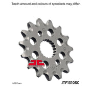 JT Sprockets lightweight front sprocket, self-cleaning design, 420 pitch, for motorcycles, in black finish with teeth visible.