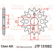 JT Sprockets lightweight front sprocket with self-cleaning design, 420 pitch for motorcycle chains, model JTF1310.15SC