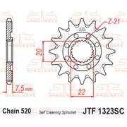 JT Sprockets self-cleaning lightweight front sprocket for motorcycles, showing teeth and design details, model JTF1323.14SC.
