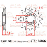 JT Sprockets lightweight front sprocket with self-cleaning design, 520 pitch, for motorcycle drive systems.
